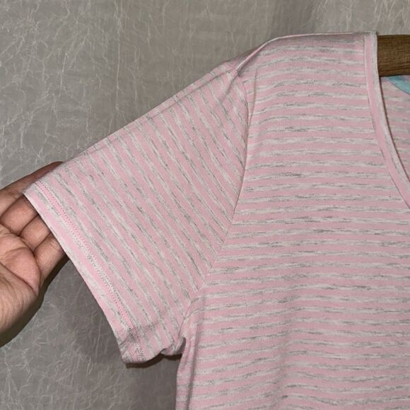 love to lounge 10-12 Crewneck Pink Heather Gray Striped “TIRED adjective” Tee - Picture 6 of 10